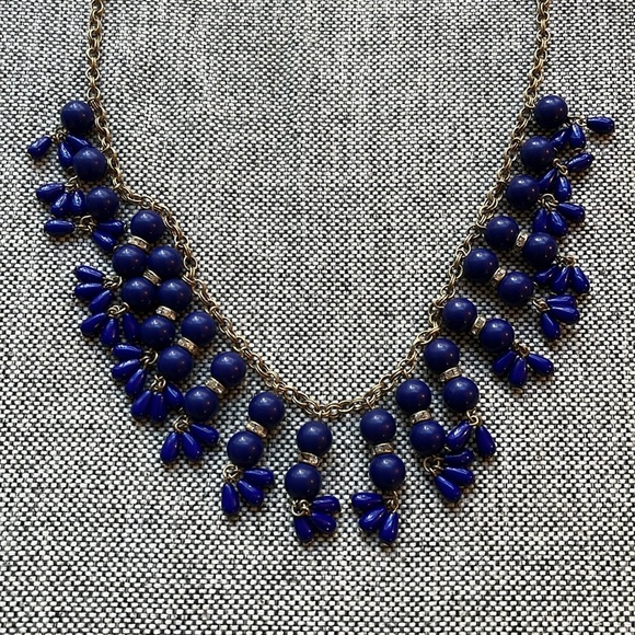 🔹 Vintage J. Crew Royal Blue, Gold and Rhinestone Statement Necklace 🔹 - Picture 3 of 17